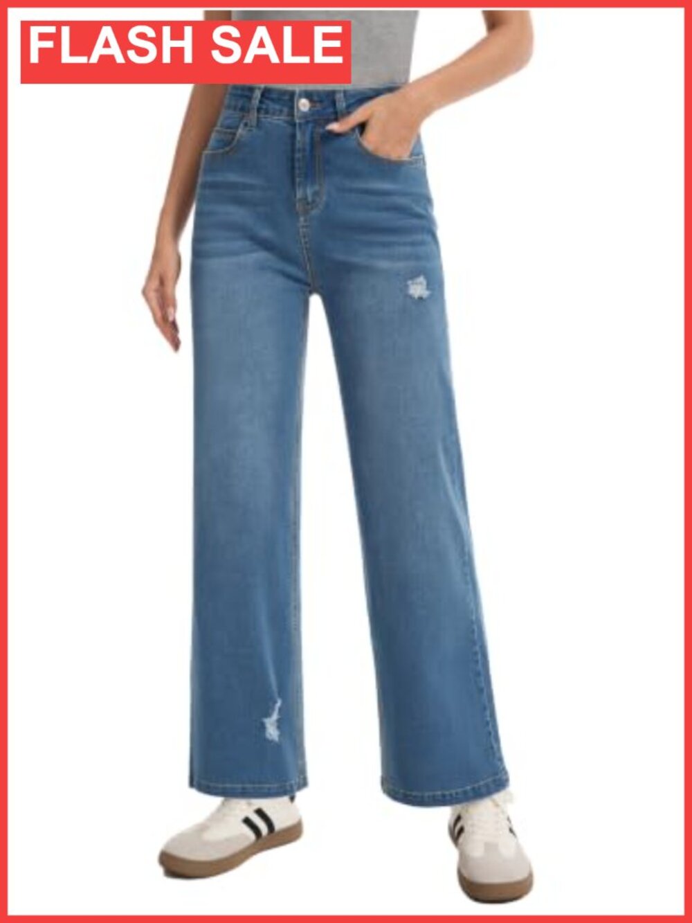 High Waist Straight Leg Jeans Ripped Stretch Denim Pants